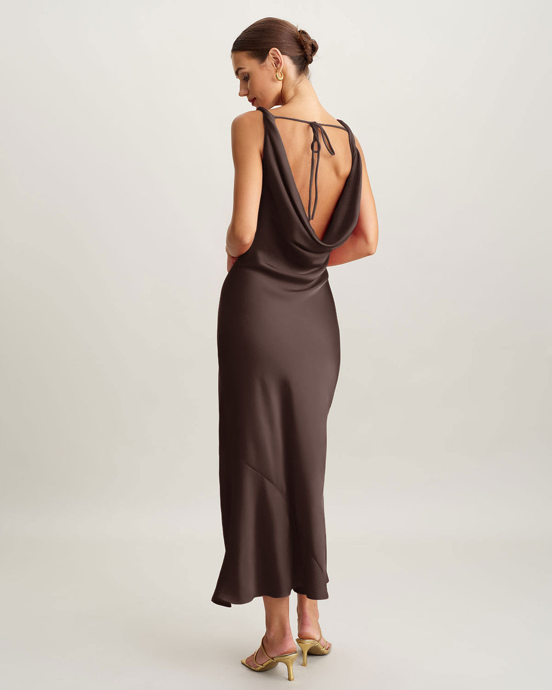 Coffee Satin Cowl Neck Maxi Dress