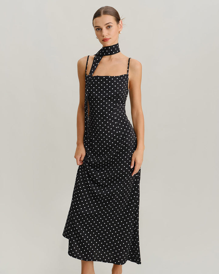 Black Polka Dot Cowl Neck Slip Maxi Dress
