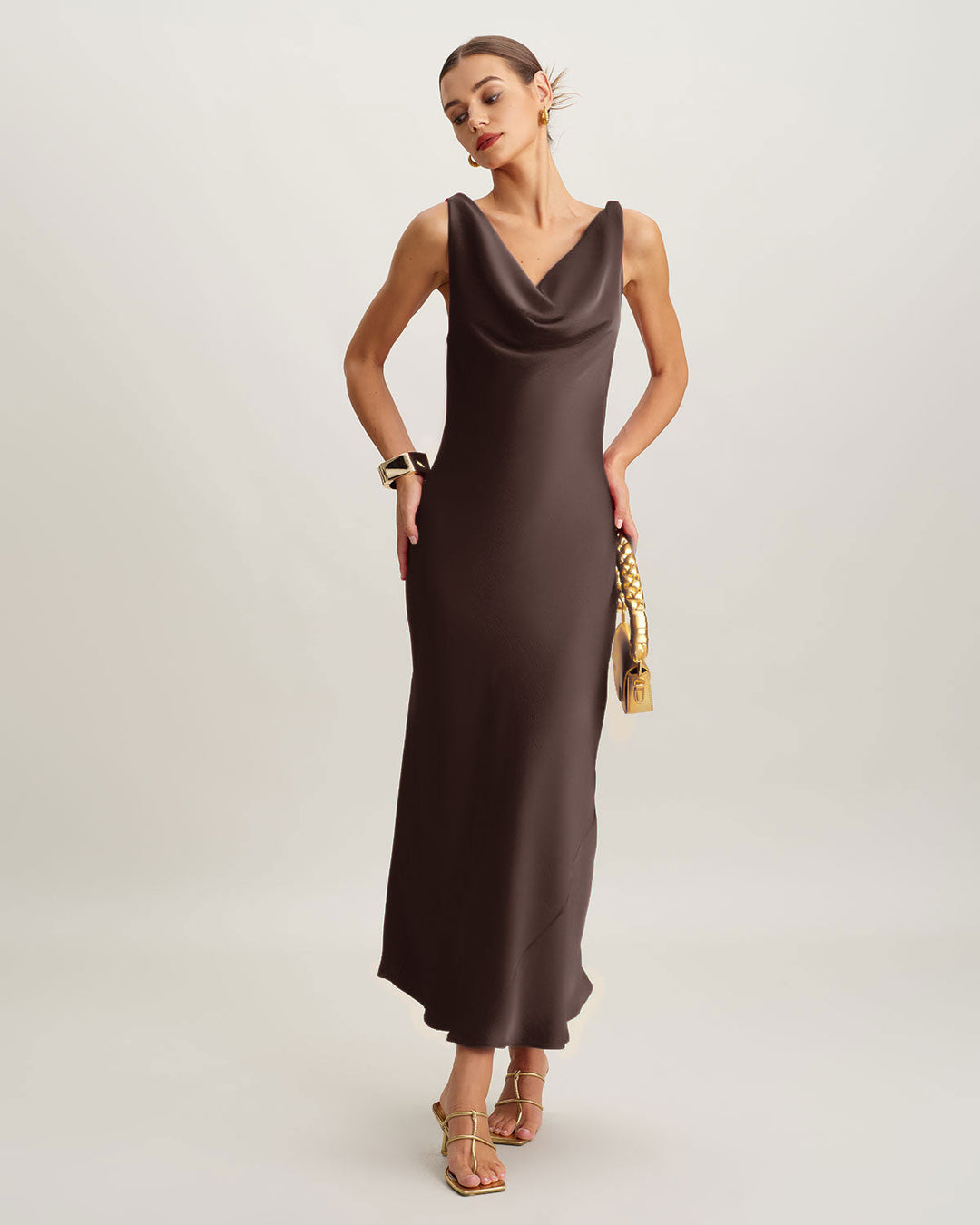 Coffee Satin Cowl Neck Maxi Dress