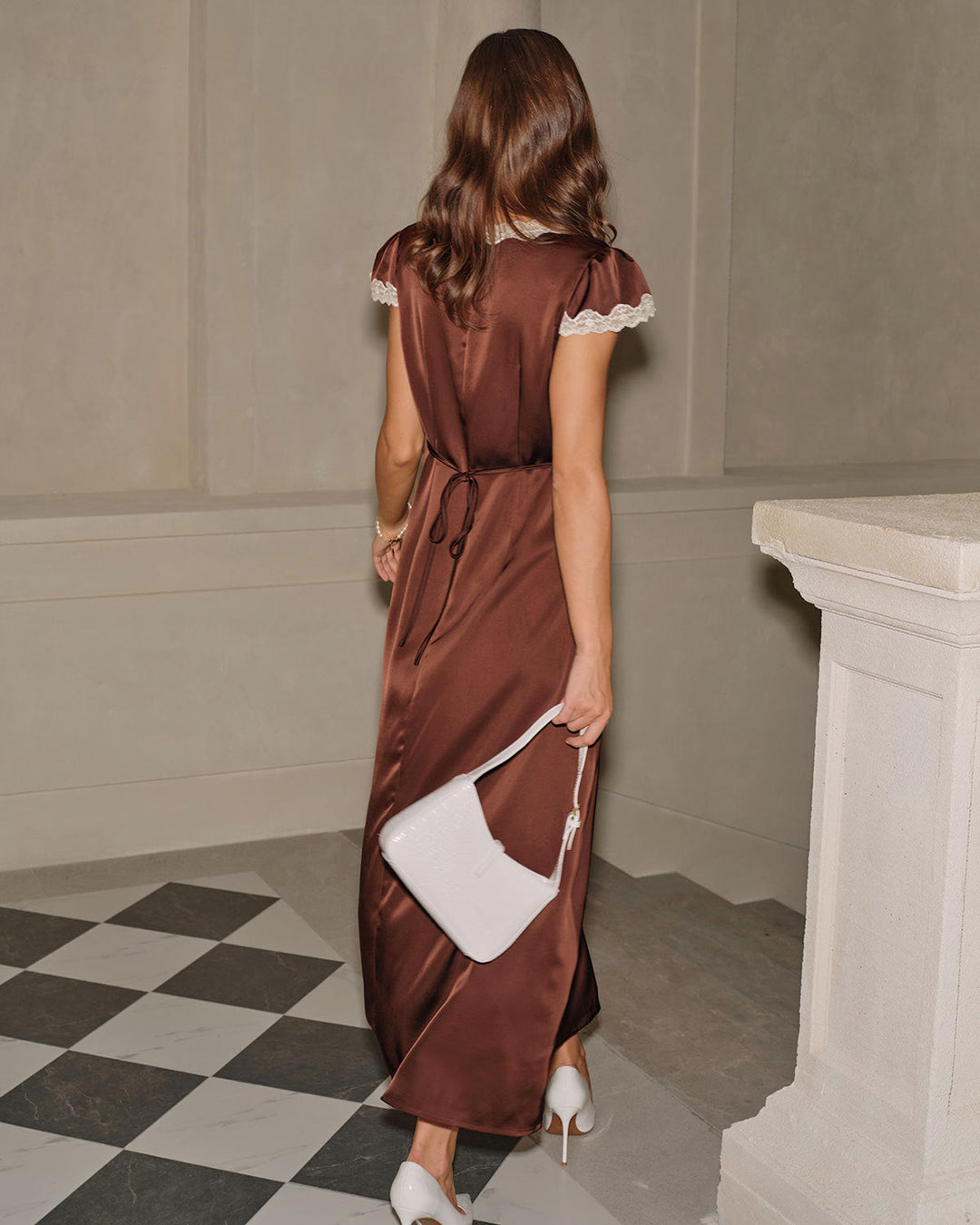 Brown Satin V Neck Lace Maxi Dress