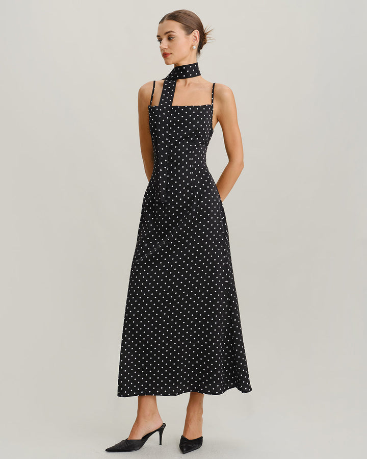 Black Polka Dot Cowl Neck Slip Maxi Dress