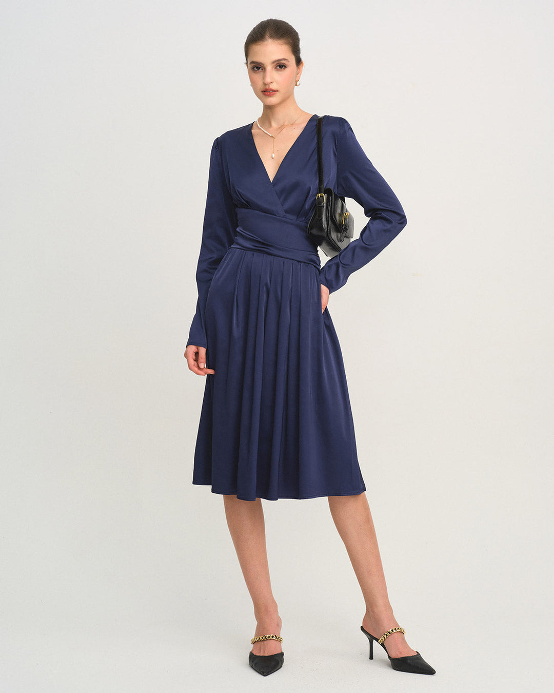 Blue V Neck Pleated Midi Dress