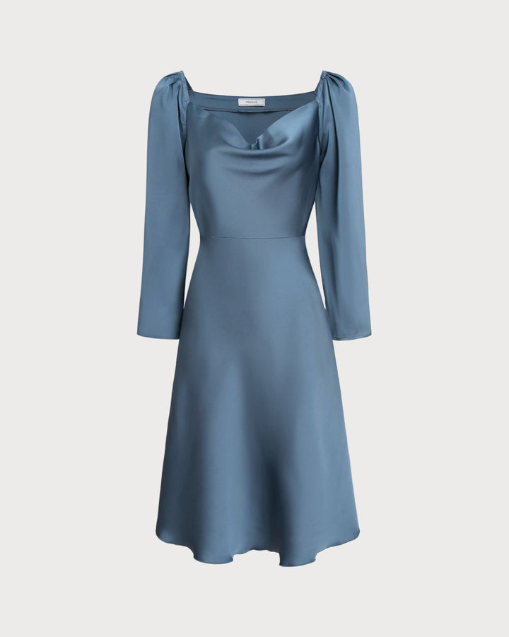 Blue Cowl Neck A-Line Midi Dress