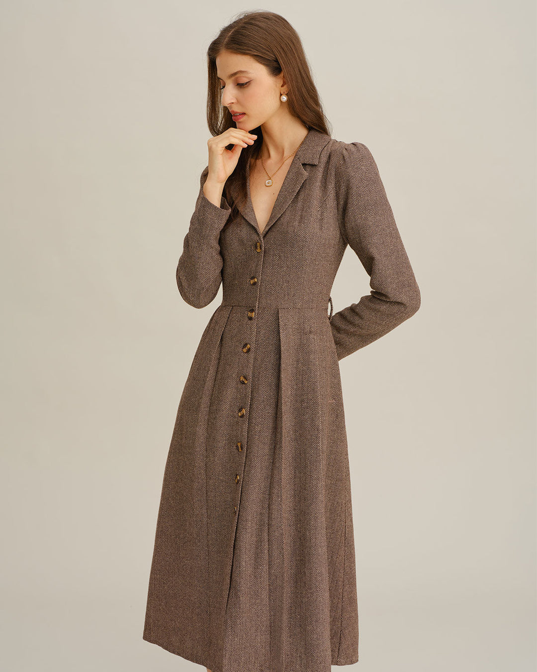 Brown A-Line Pleated Midi Dress