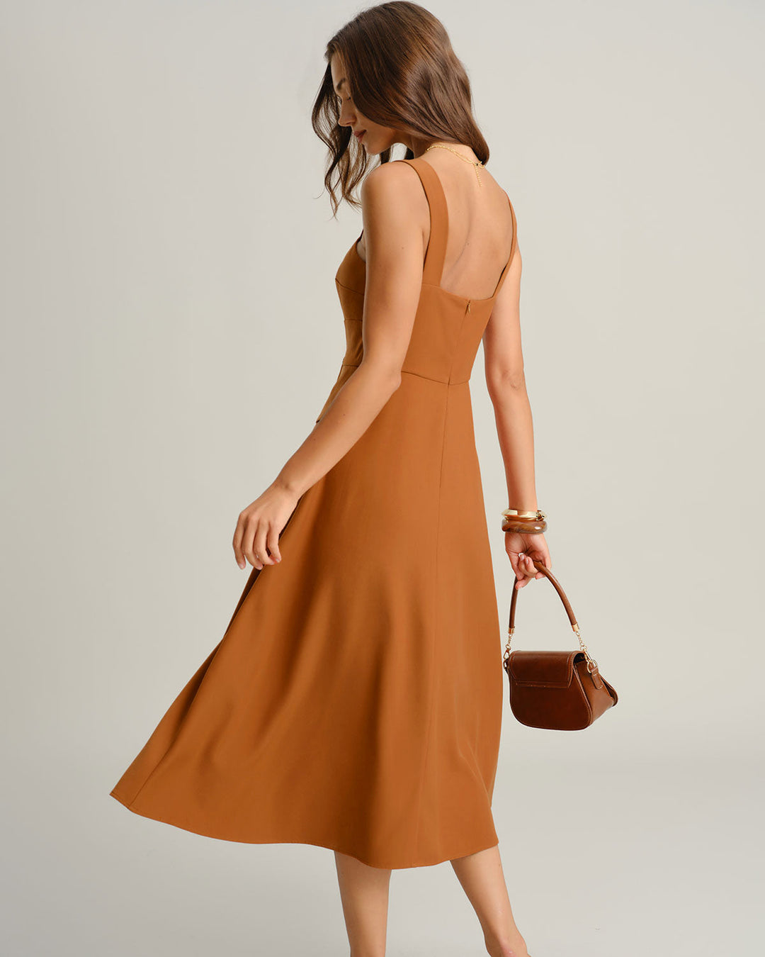 Caramel Sweetheart Neck Slip Midi Dress