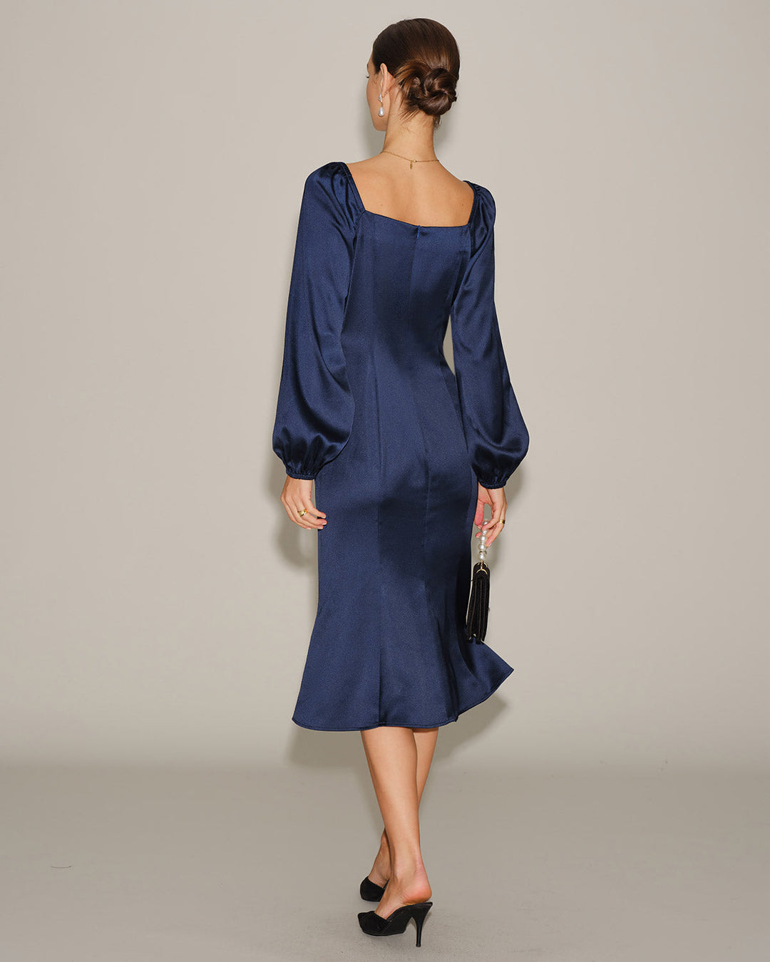Navy Satin V Neck Ruched Midi Dress