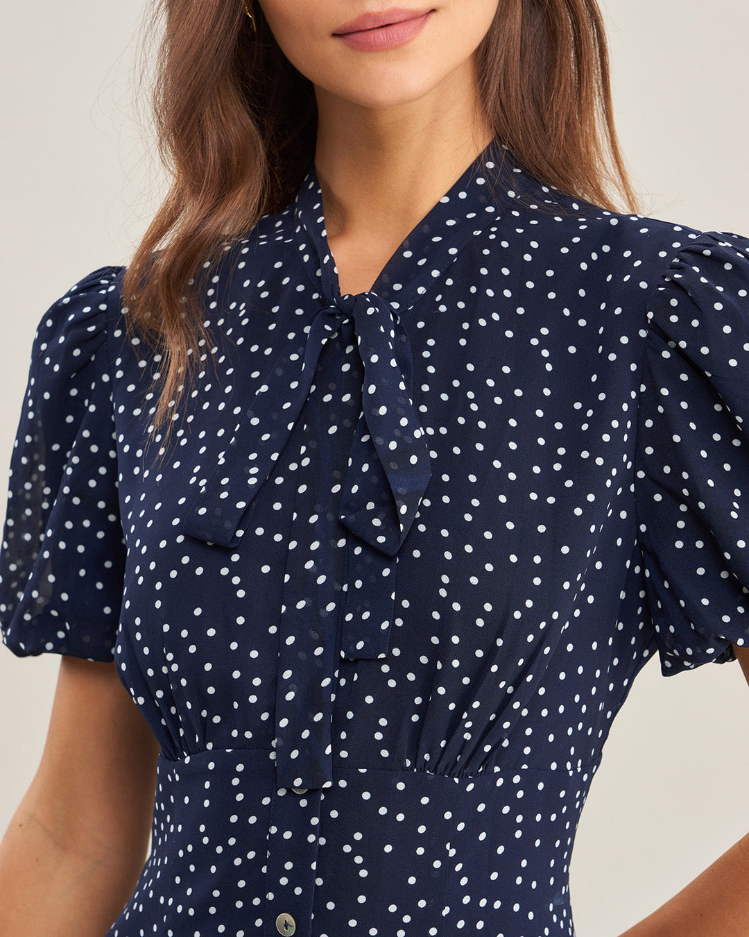 Navy Polka Dot Mock Neck Midi Dress