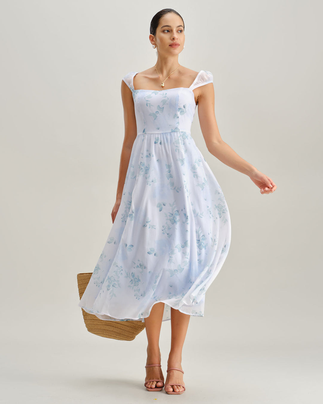 Blue Floral Sweetheart Neck Slip Midi Dress