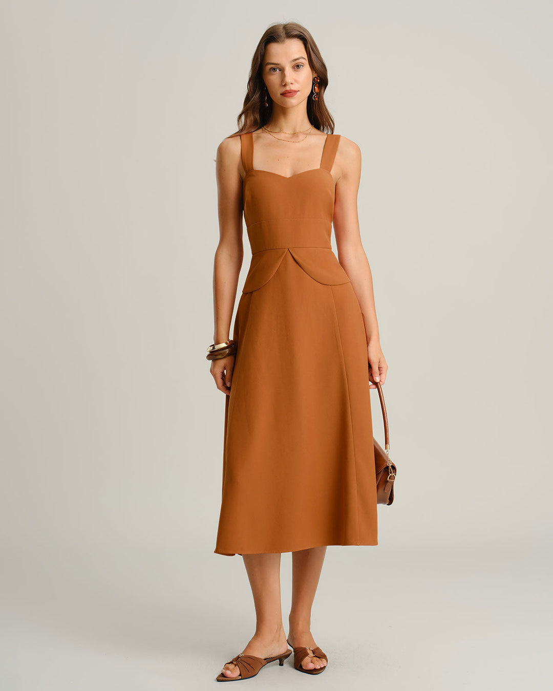 Caramel Sweetheart Neck Slip Midi Dress