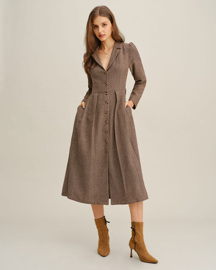 Brown A-Line Pleated Midi Dress