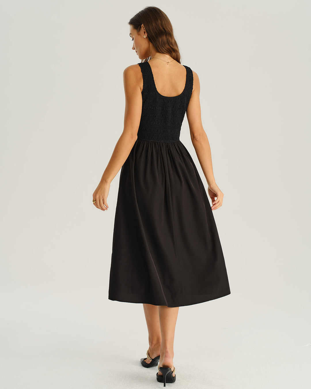 Black Shirred Sleeveless Midi Dress
