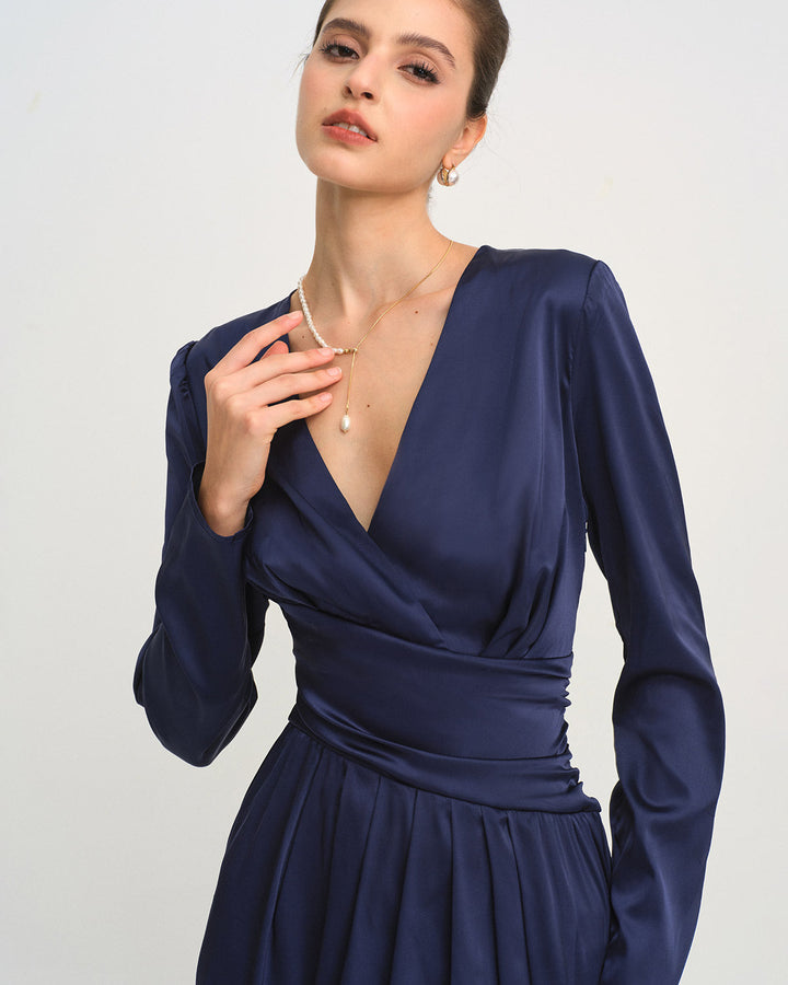 Blue V Neck Pleated Midi Dress