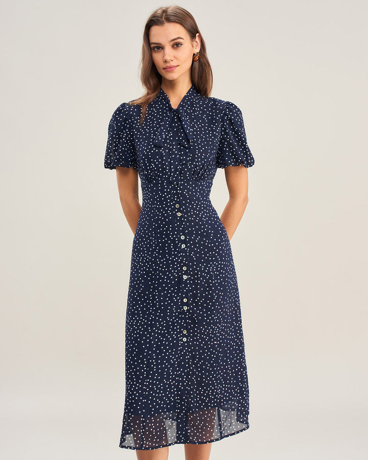 Navy Polka Dot Mock Neck Midi Dress