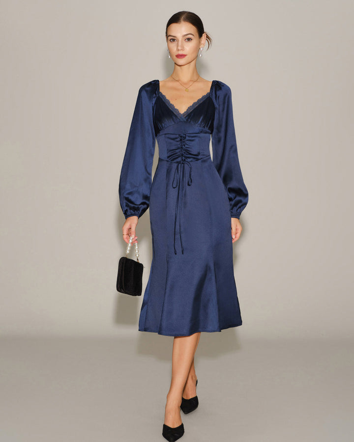 Navy Satin V Neck Ruched Midi Dress