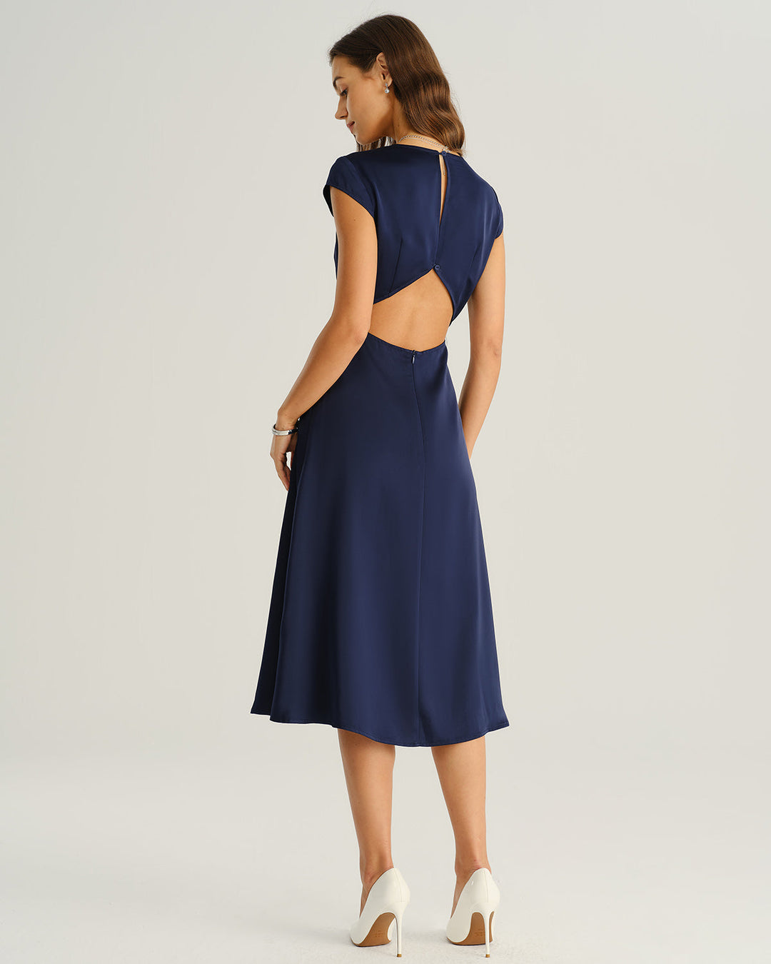 Navy Satin Cut Out Slit Midi Dress