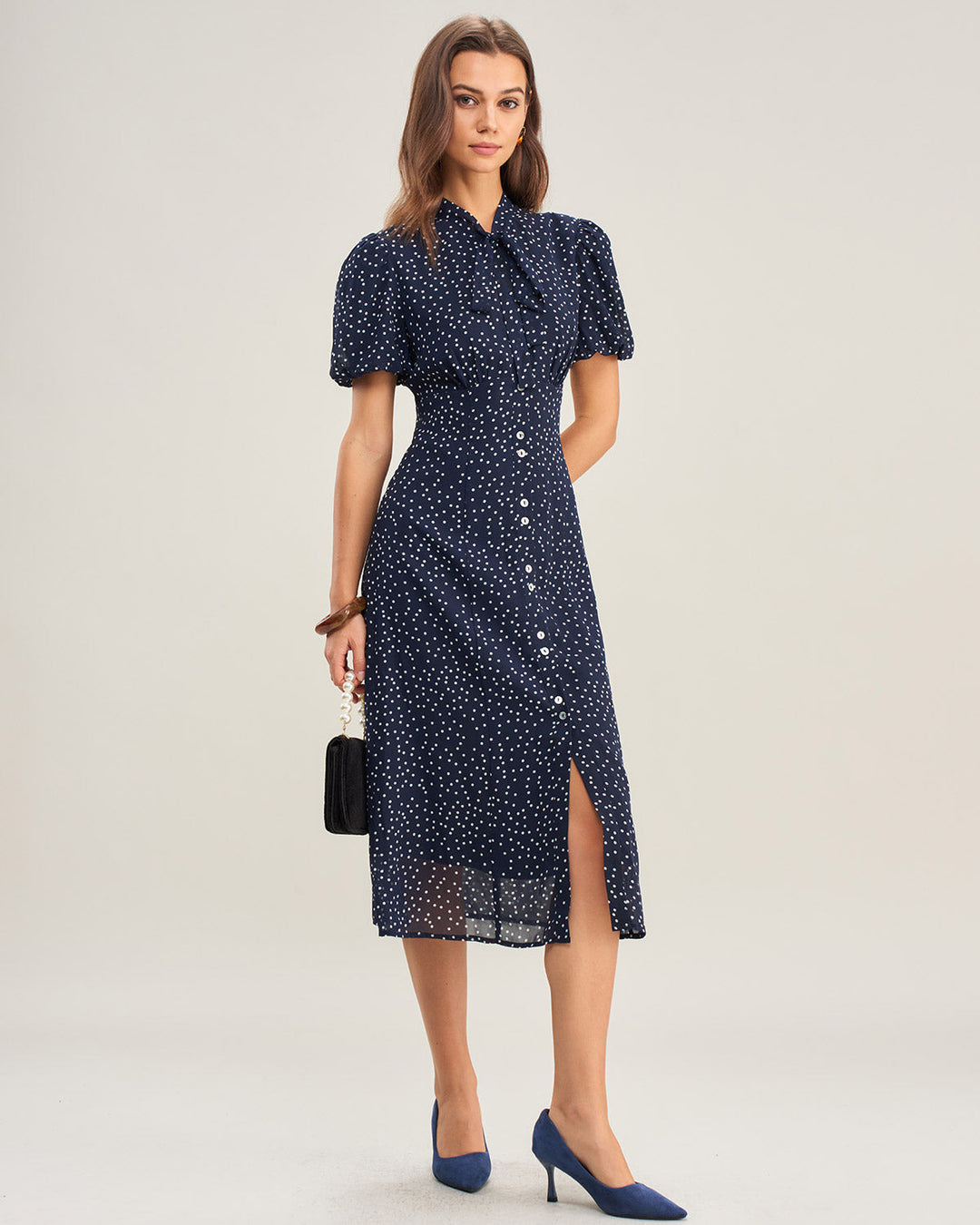 Navy Polka Dot Mock Neck Midi Dress