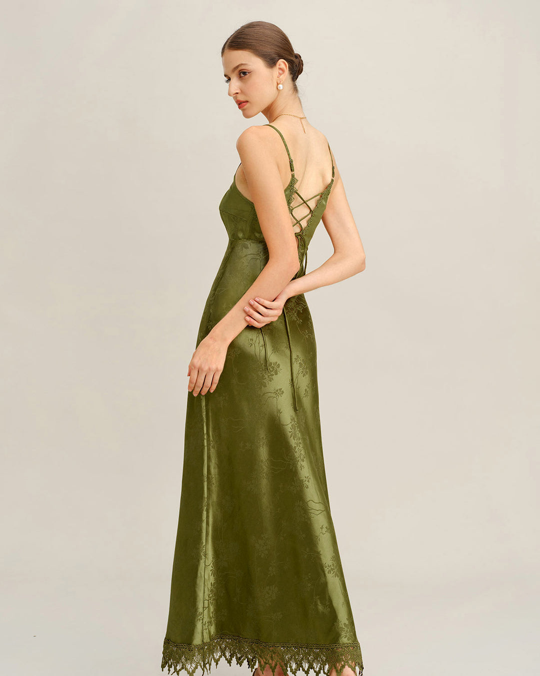 Green Jacquard Corset Slip Maxi Dress