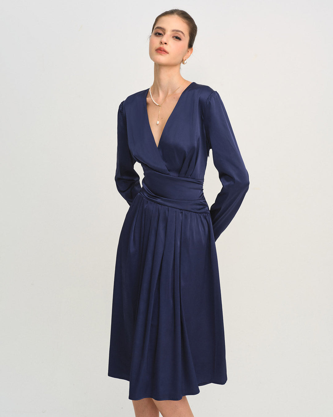 Blue V Neck Pleated Midi Dress