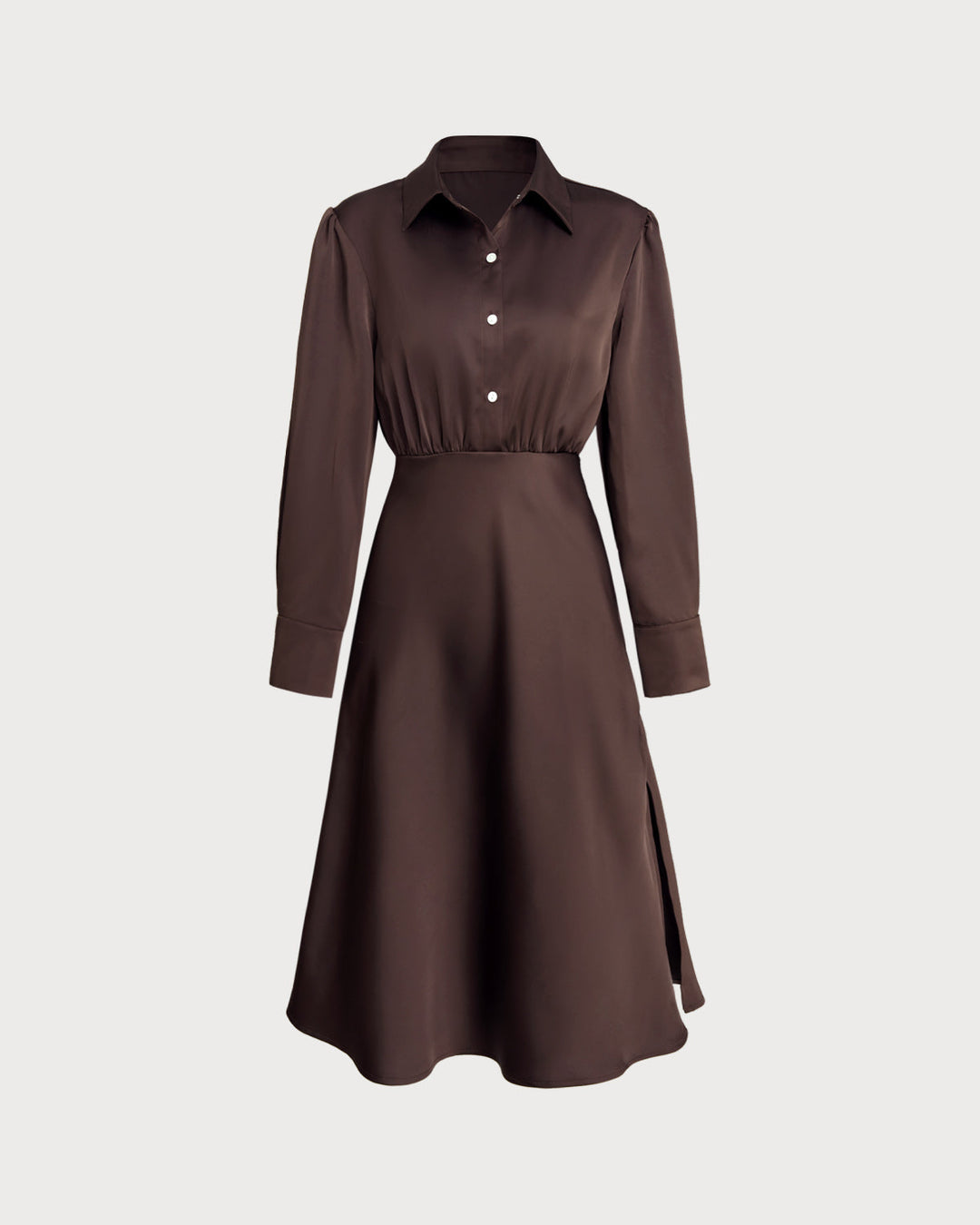 Coffee Ruched Button Midi Dress