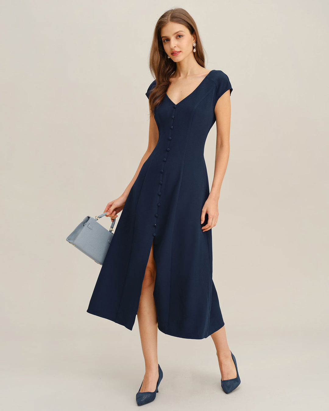 Navy Cap Sleeve A-Line Midi Dress