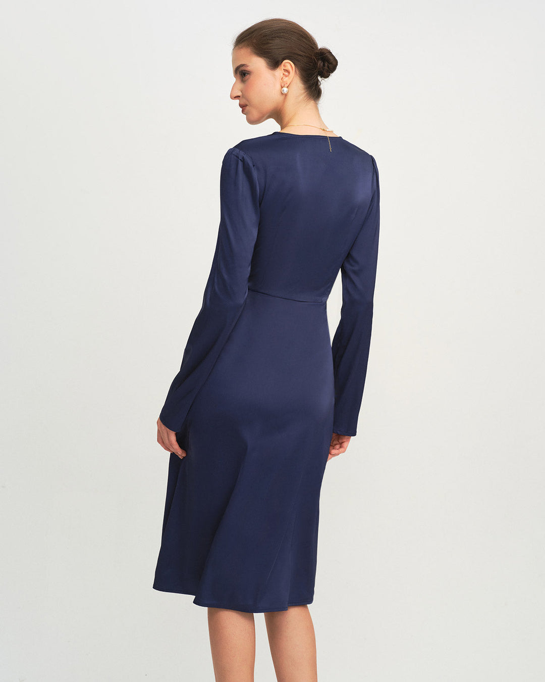 Blue V Neck Pleated Midi Dress