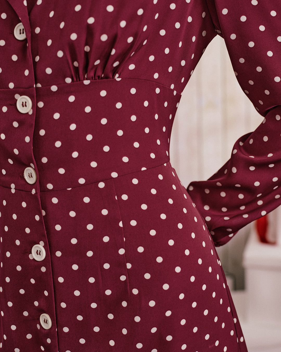 Wine Red Polka Dot Ruched Midi Dress