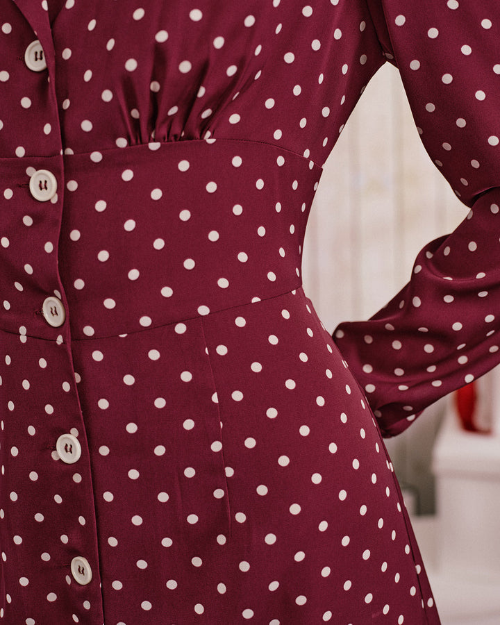 Wine Red Polka Dot Ruched Midi Dress
