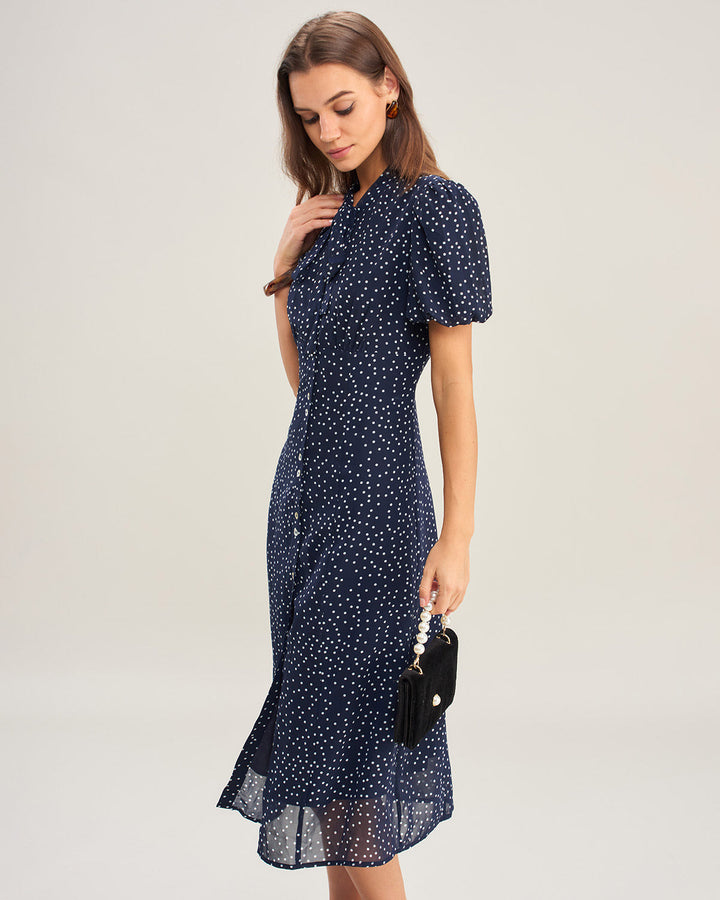 Navy Polka Dot Mock Neck Midi Dress
