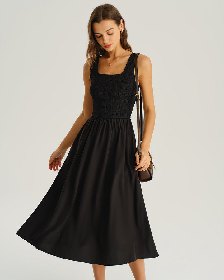 Black Shirred Sleeveless Midi Dress