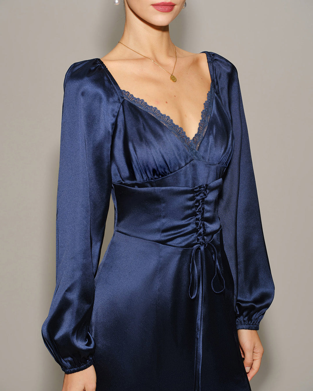 Navy Satin V Neck Ruched Midi Dress