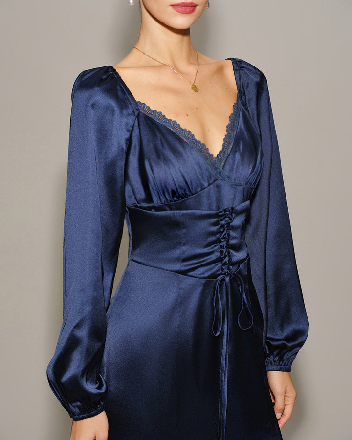 Navy Satin V Neck Ruched Midi Dress
