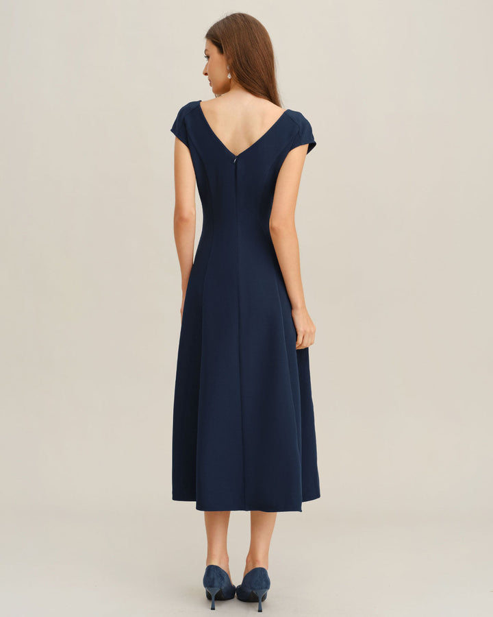 Navy Cap Sleeve A-Line Midi Dress