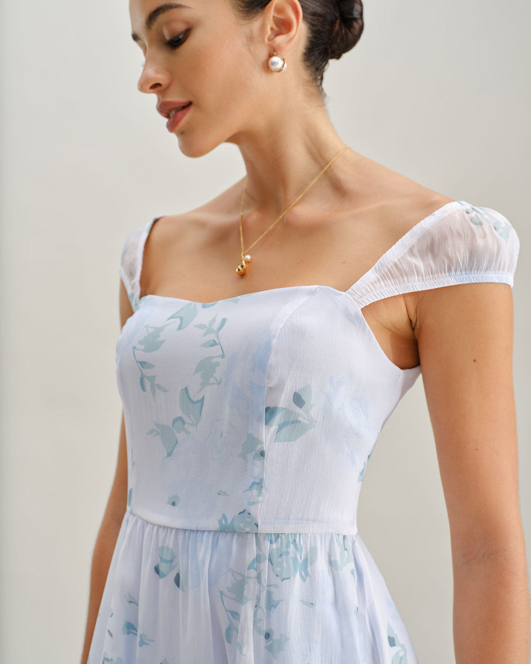 Blue Floral Sweetheart Neck Slip Midi Dress