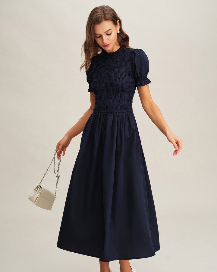 Blue Shirred A-Line Midi Dress