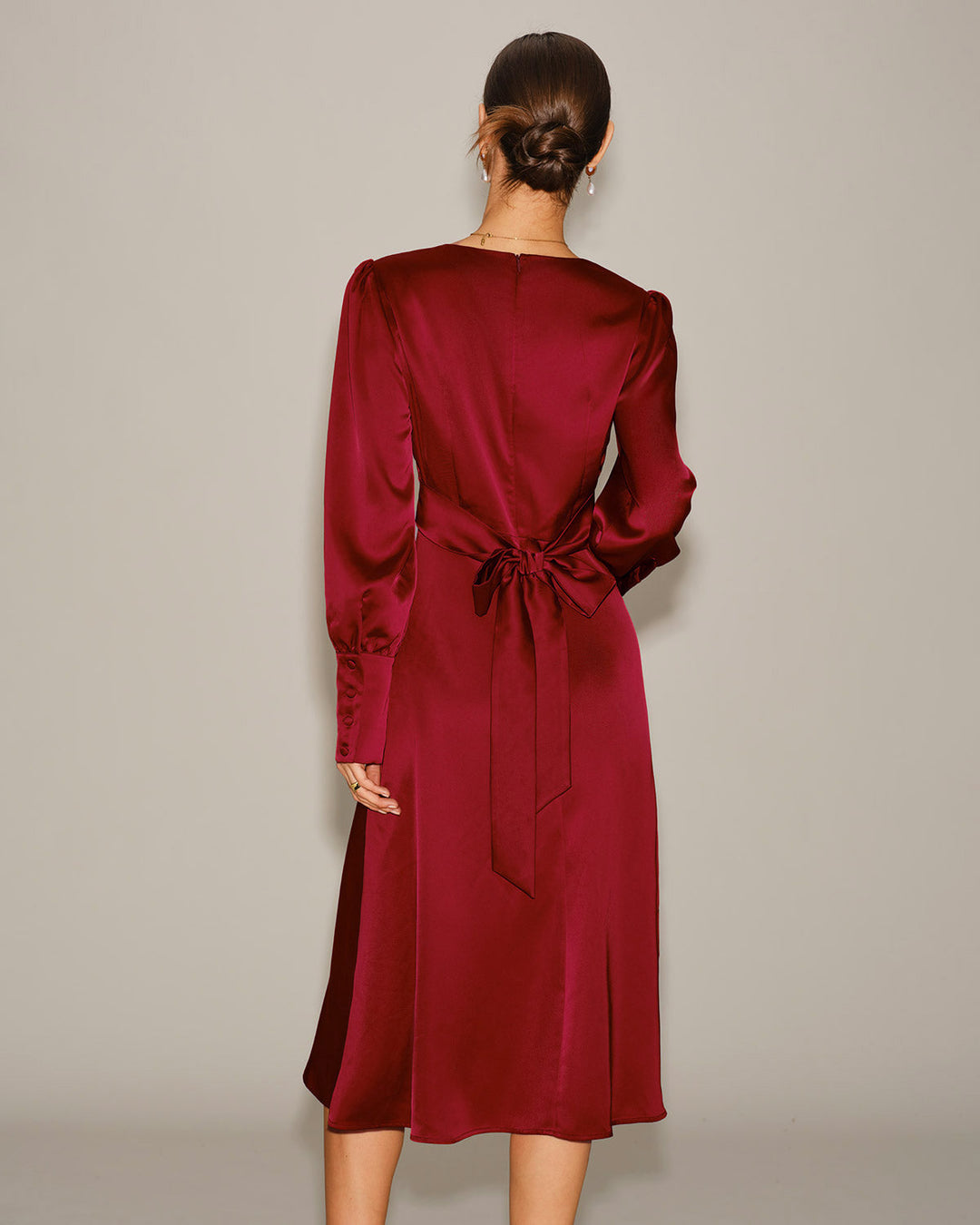 Wine Red Satin A-Line Midi Dress