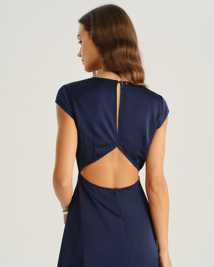 Navy Satin Cut Out Slit Midi Dress