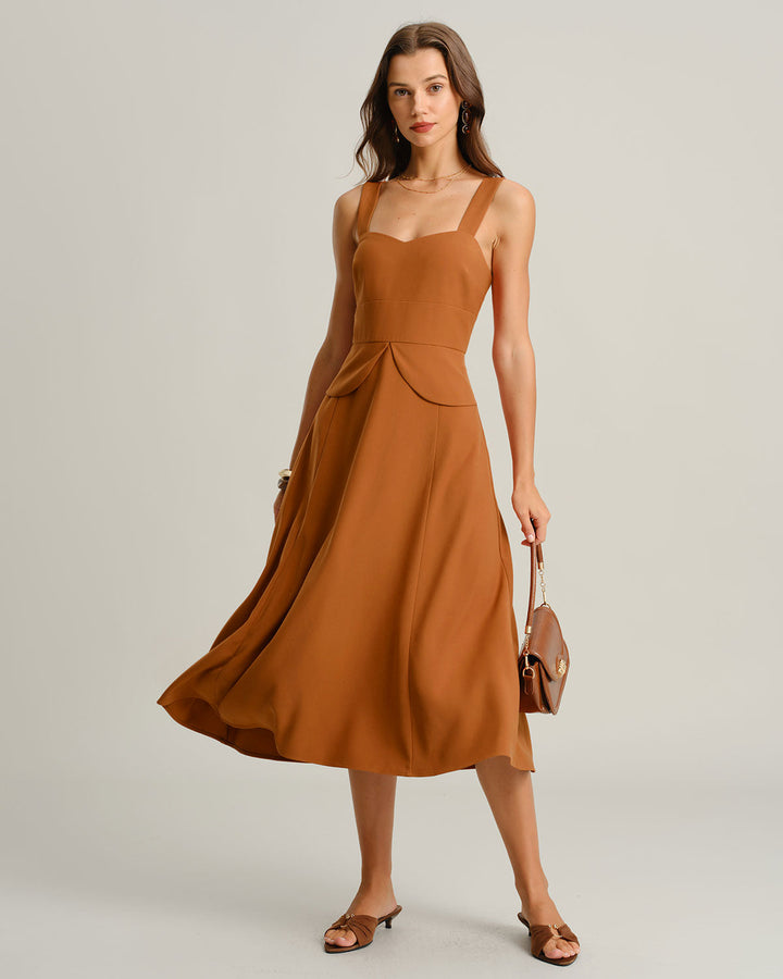 Caramel Sweetheart Neck Slip Midi Dress