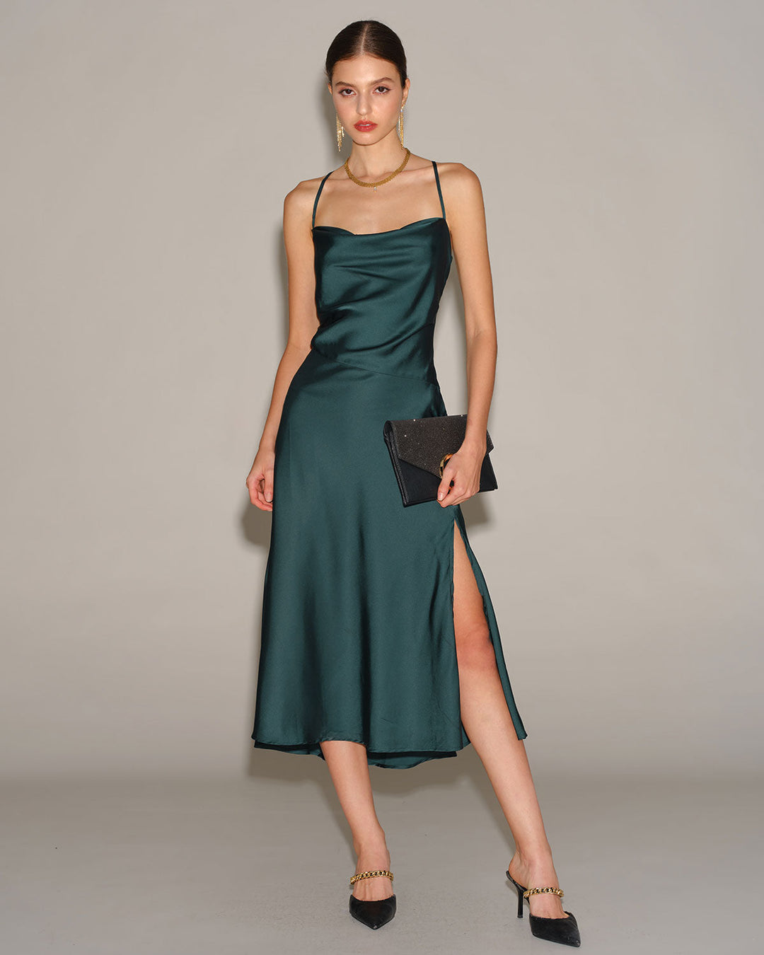 Green Satin Cowl Neck Slip Midi Dress