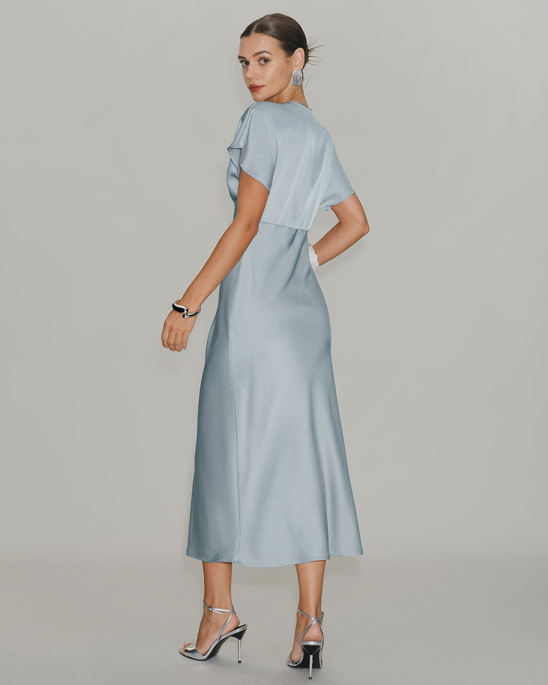Blue Satin Cowl Sleeve Midi Dress