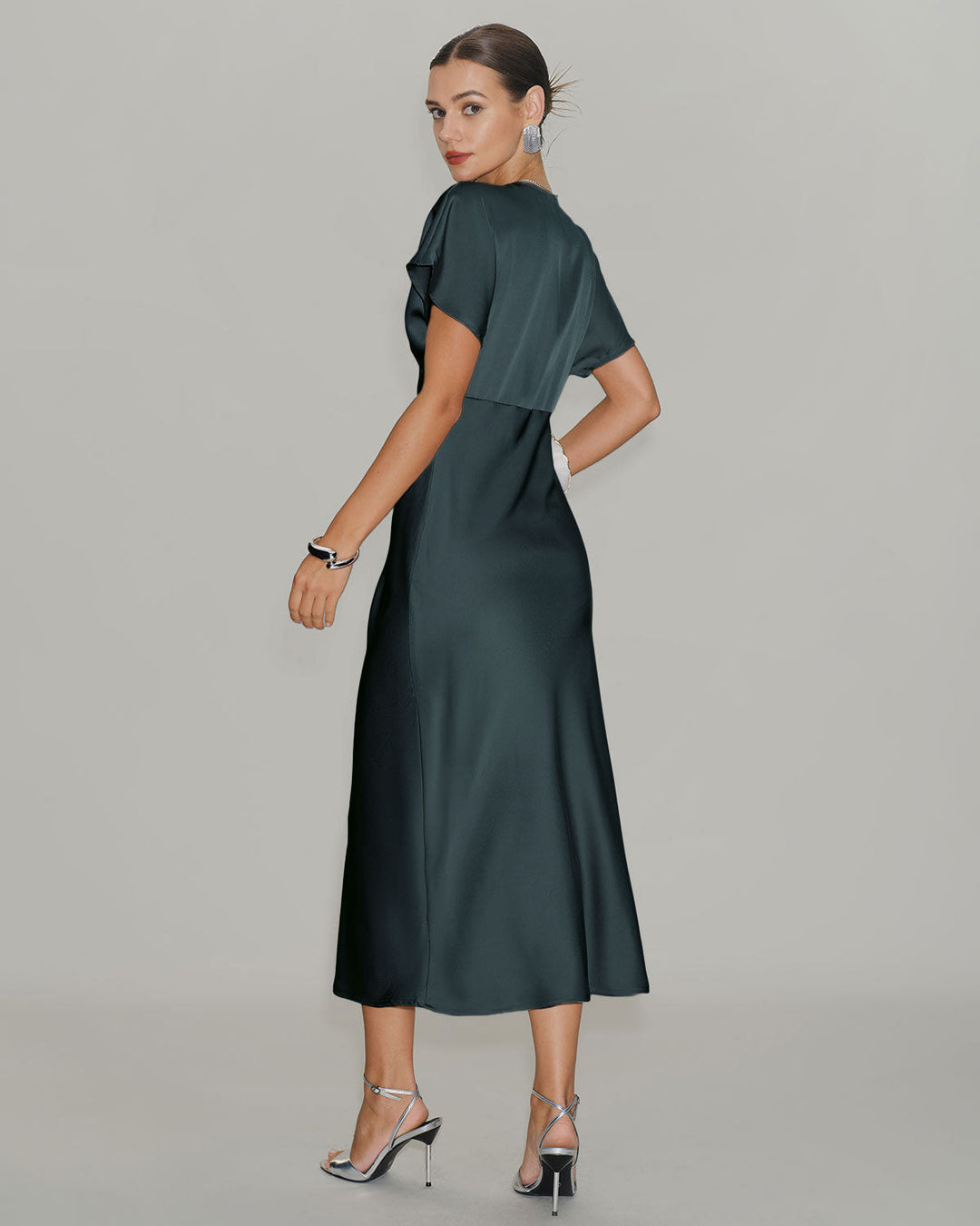Grey Green Satin Cowl Sleeve Midi Dress