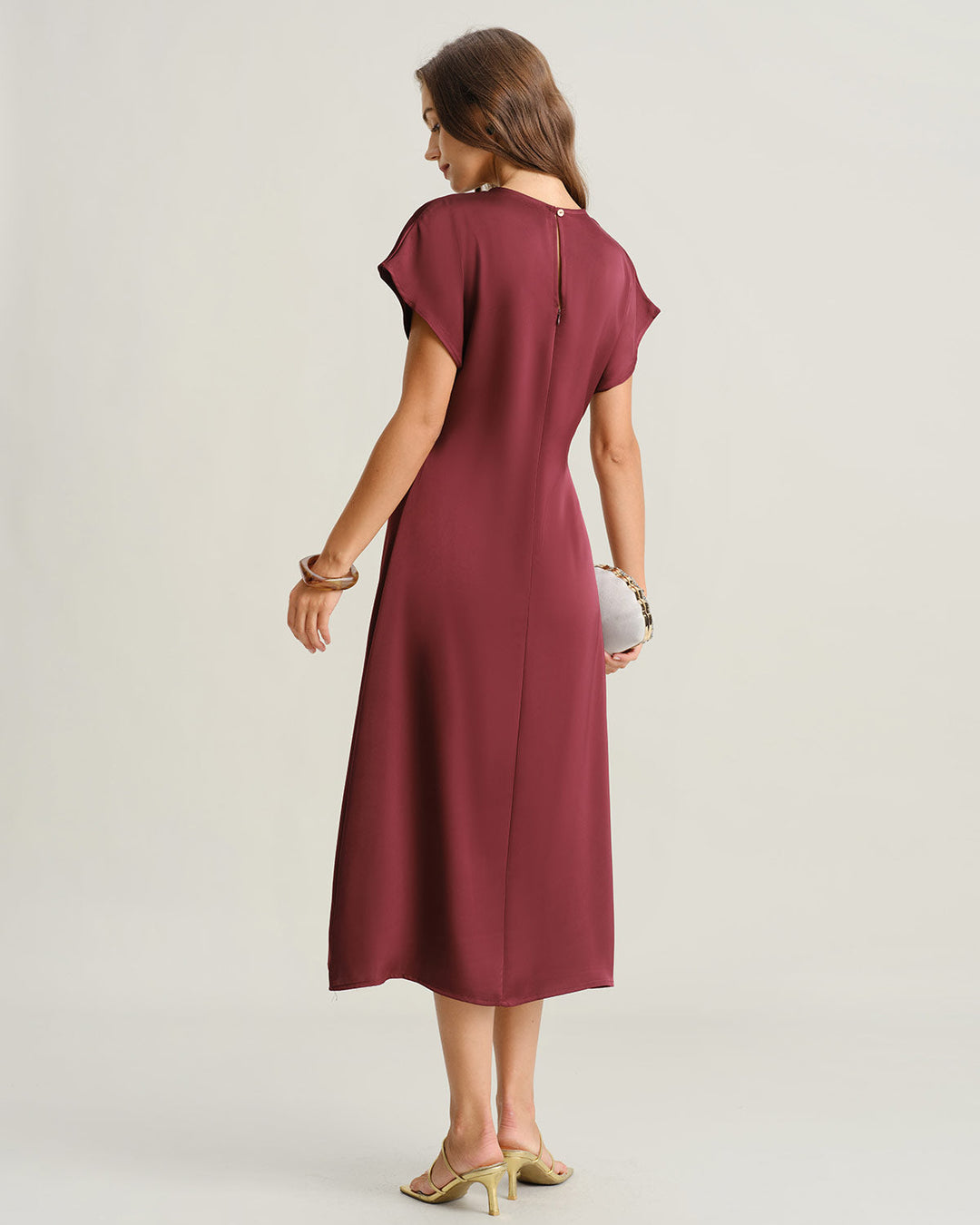 Red Satin Cowl Sleeve A-Line Midi Dress