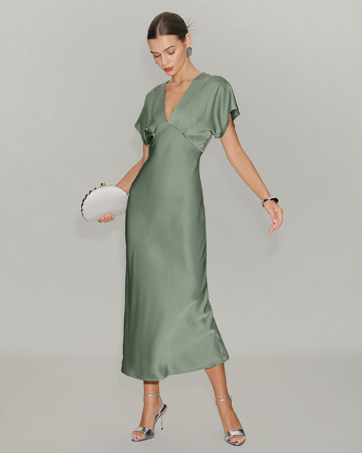 Green Satin V Neck A-Line Midi Dress