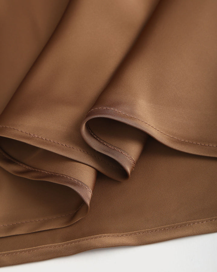 Coffee Satin Boat Neck Slip Midi Dress