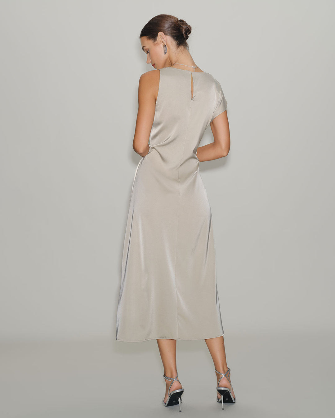 Grey Cowl Sleeve Asymmetrical Satin Midi Dress