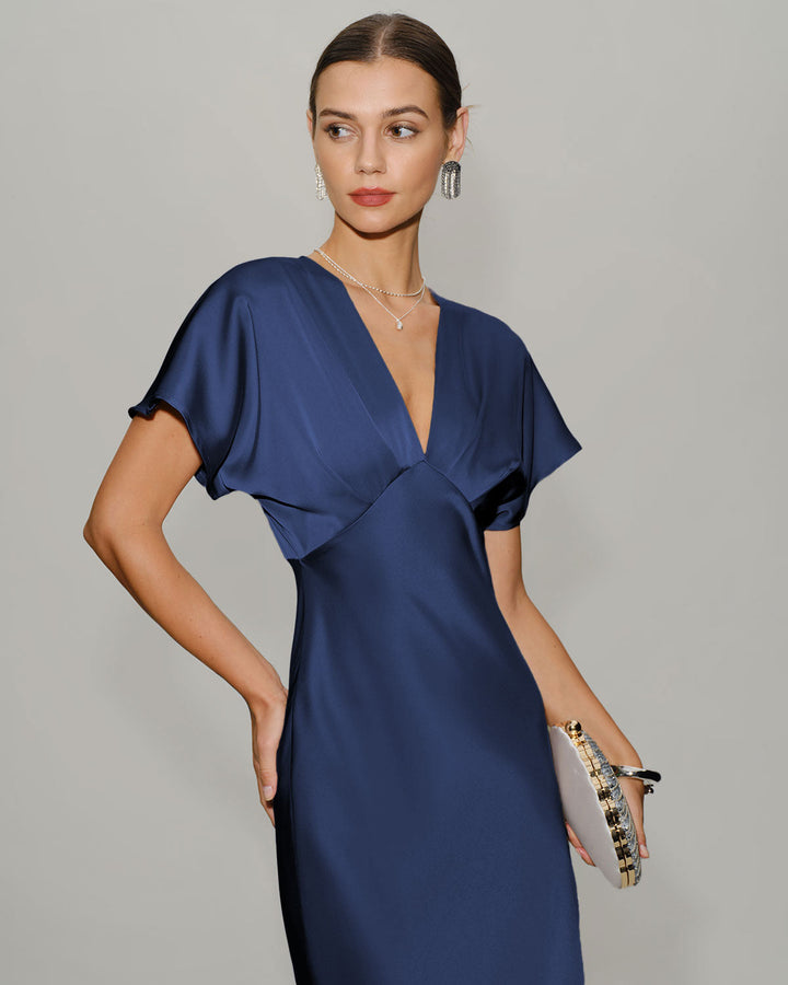 Navy Satin Cowl Sleeve Midi Dress