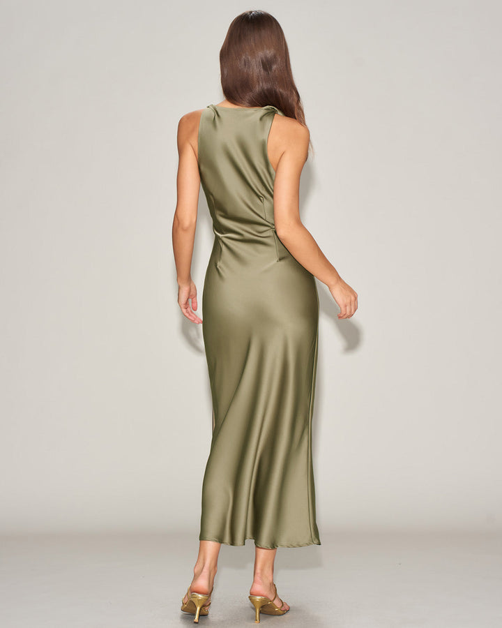 Green Satin Boat Neck Slip Midi Dress