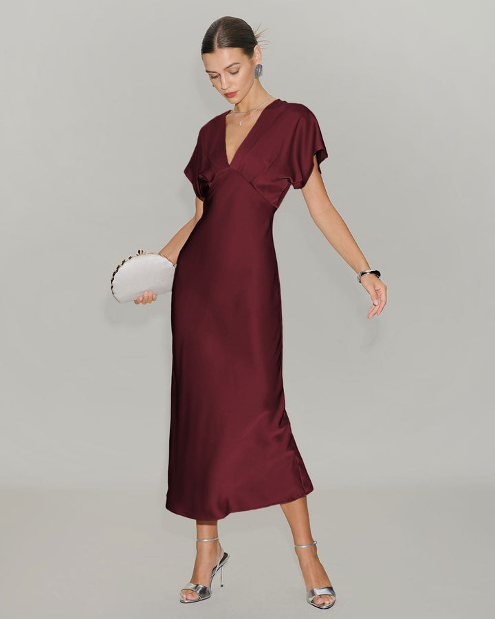 Wine Red Satin Cowl Sleeve Midi Dress