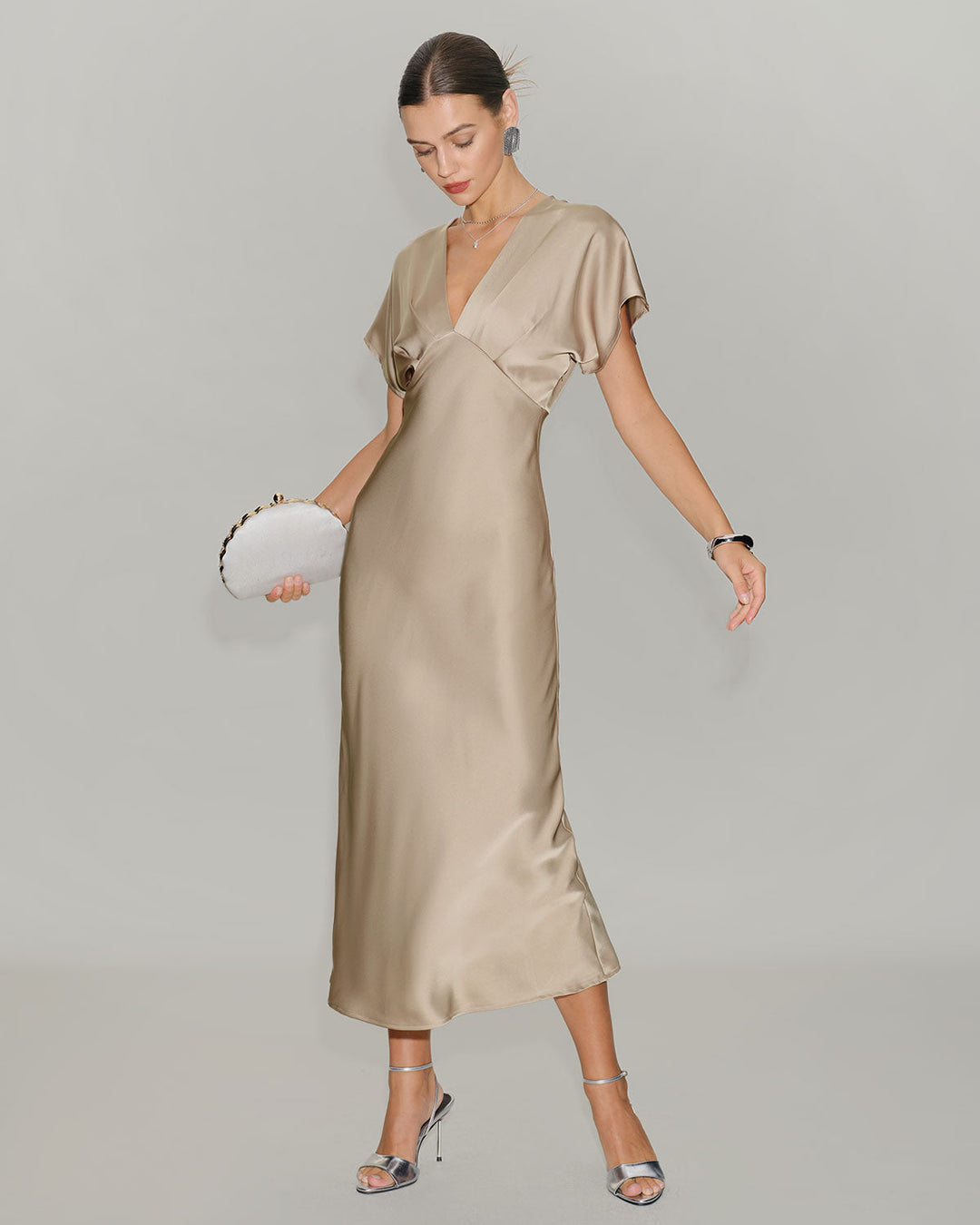 Apricot Satin V Neck A-Line Midi Dress