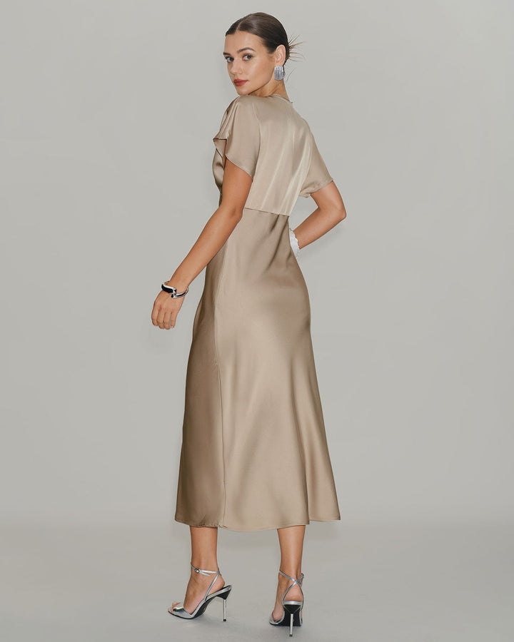 Apricot Satin V Neck A-Line Midi Dress