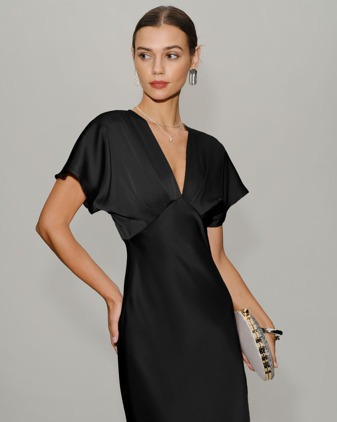 Black Satin Cowl Sleeve Midi Dress